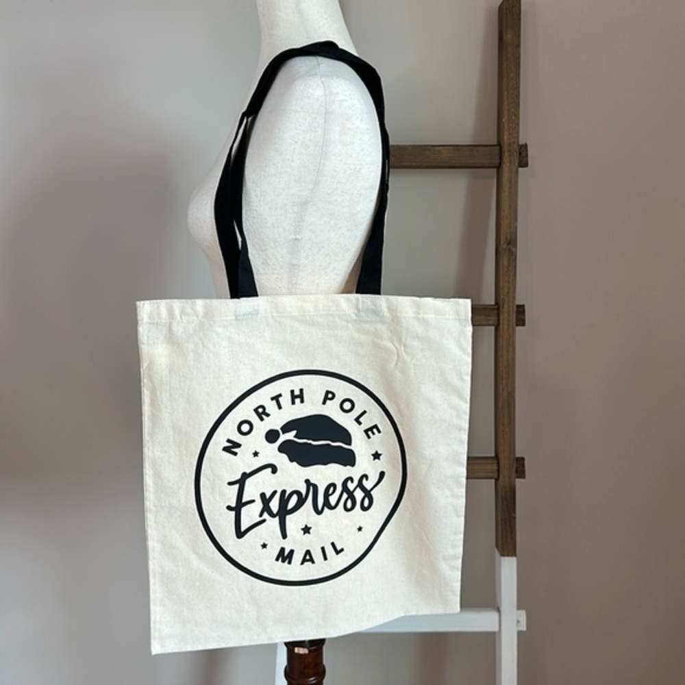 Sarnico Designs Cream Tote Bag with Black Vinyl North Pole Express Mail Design